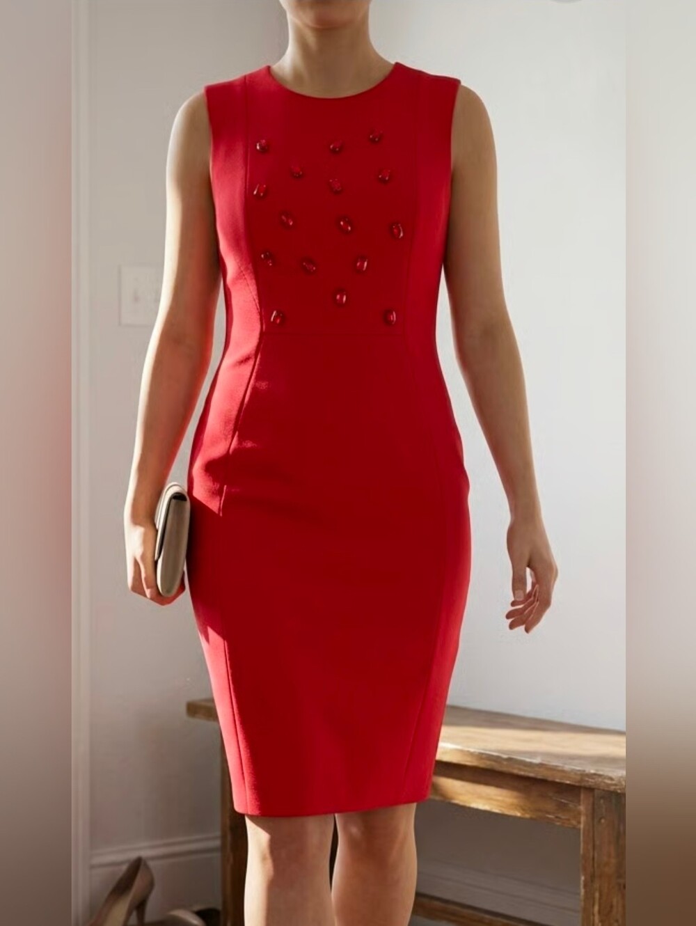 Calvin Klein Red Sleeveless Sheath Dress with Bead Detail